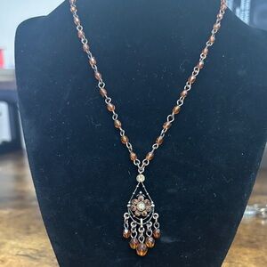 1928 Brown Beaded Necklace with Floral Pendant